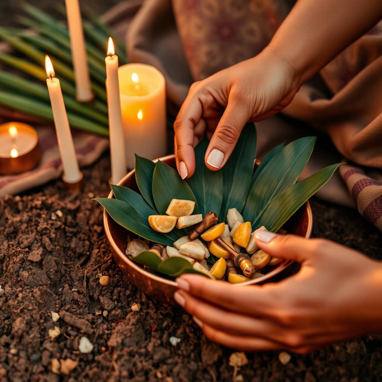Rito ancestral con ofrendas y velas